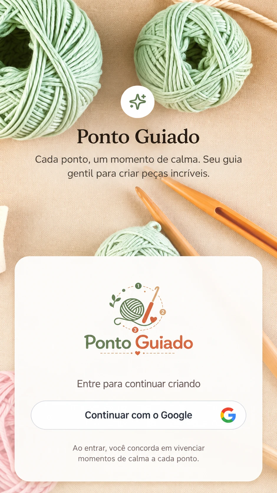 Tela inicial do Ponto Guiado com novelos de linha, agulhas de crochê e acesso ao aplicativo