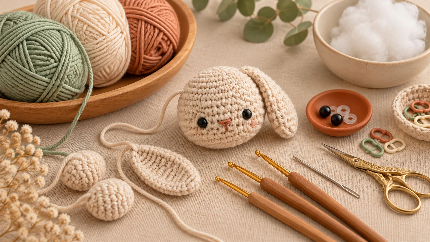 Materiais para começar no amigurumi com fios, agulhas e partes de um coelhinho