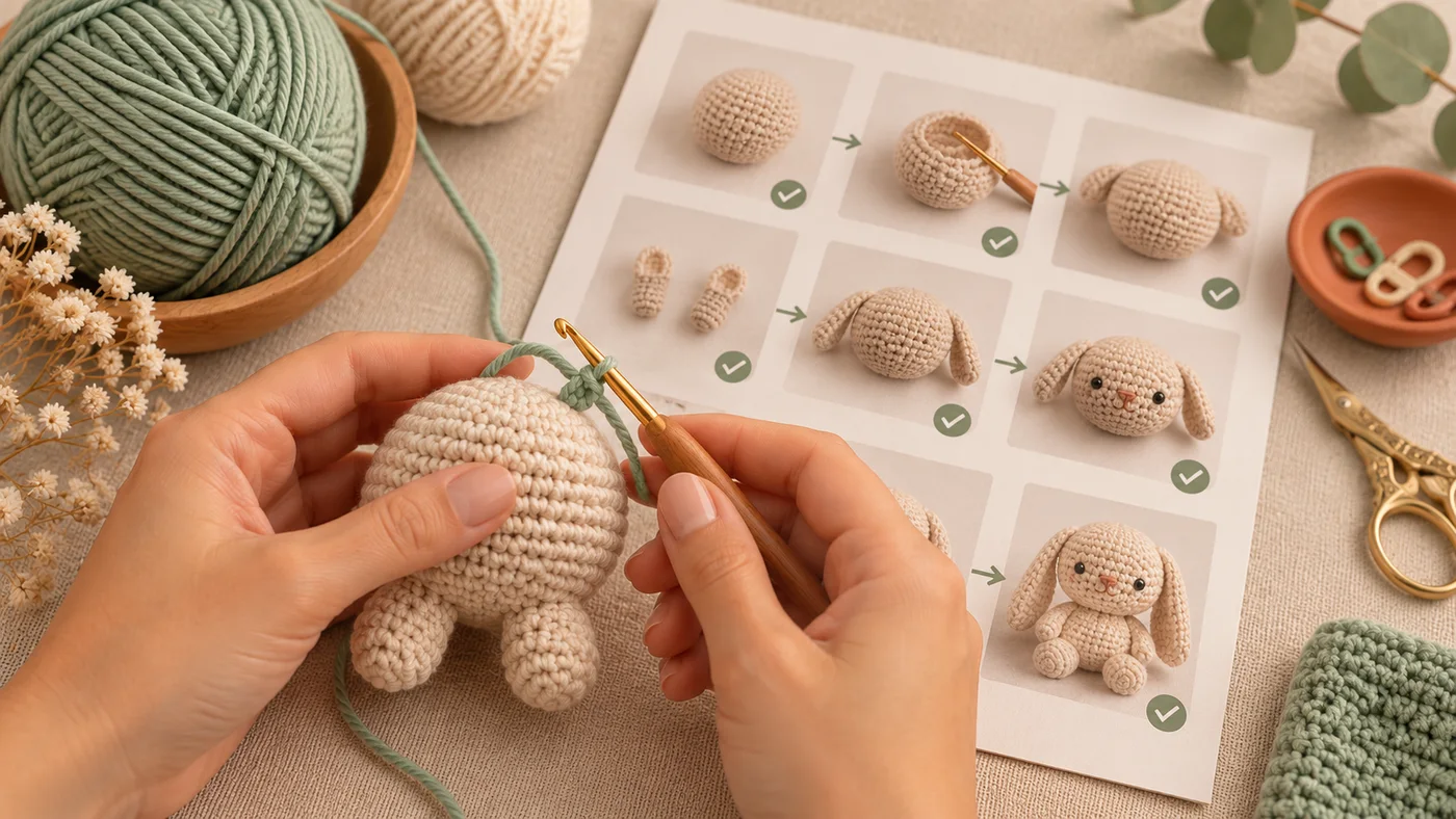 Pessoa acompanhando etapas de um amigurumi em um guia visual