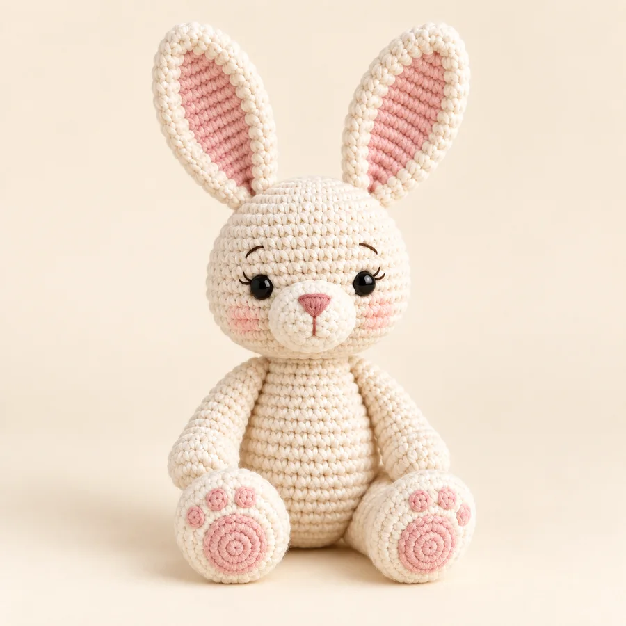 Coelhinha creme de amigurumi com patinhas rosadas