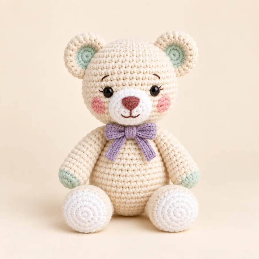 Ursinho creme de amigurumi com laço lilás